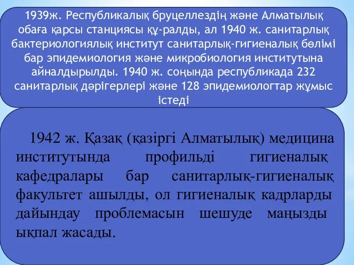 1939ж. Республикалық бруцеллездің және Алматылық обаға қарсы станциясы құ-ралды, ал 1940 ж. санитарлық