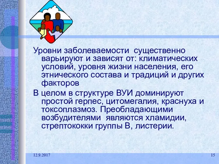 12.9.2017 Уровни заболеваемости существенно варьируют и зависят от: климатических условий,