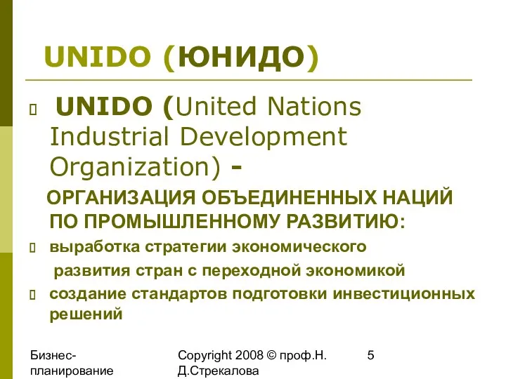 Бизнес-планирование 2008 Copyright 2008 © проф.Н.Д.Стрекалова UNIDO (ЮНИДО) UNIDO (United