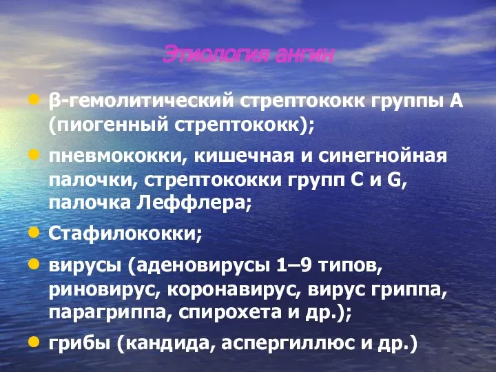 Этиология ангин β-гемолитический стрептококк группы А (пиогенный стрептококк); пневмококки, кишечная