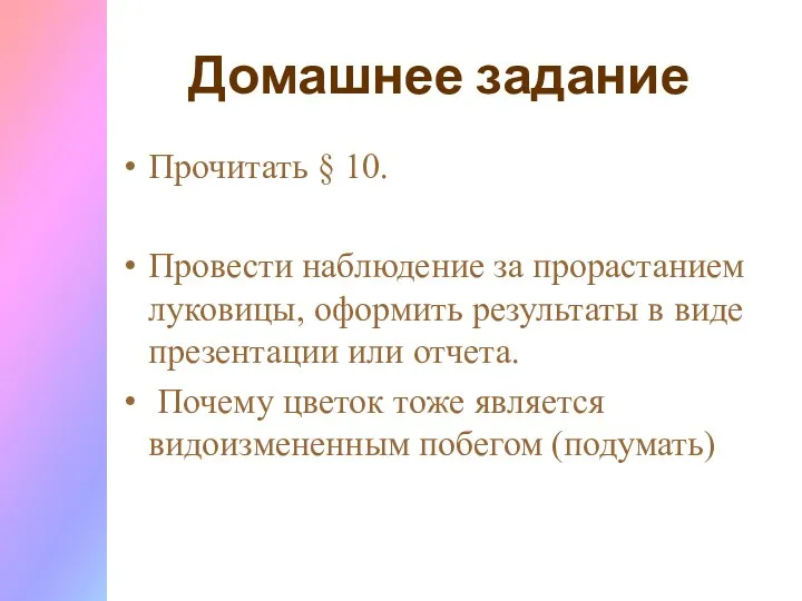 Домашнее задание Прочитать § 10. Провести наблюдение за прорастанием луковицы,