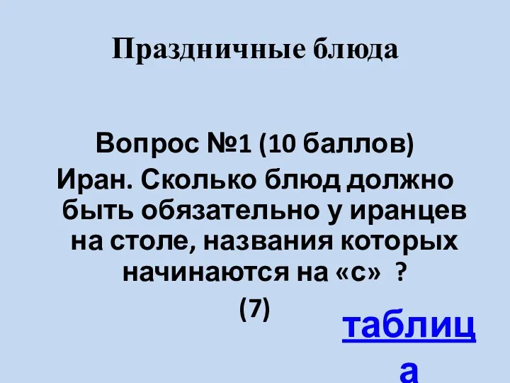 Праздничные блюда Вопрос №1 (10 баллов) Иран. Сколько блюд должно