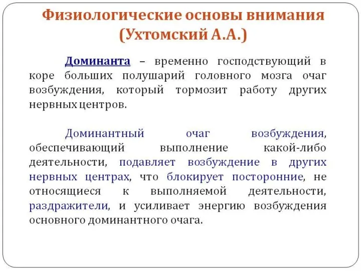 Физиологические процессы внимания Нервная деятельность определенного участка коры больших полушарий