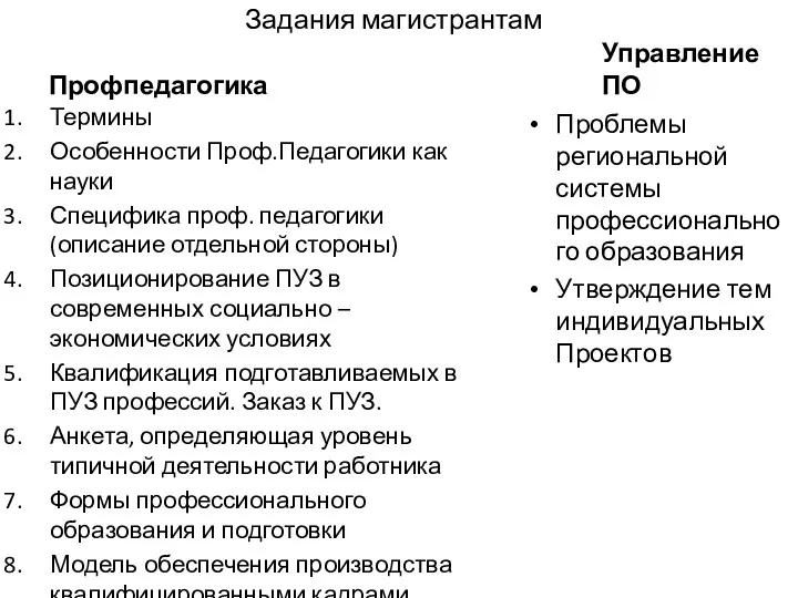 Задания магистрантам Профпедагогика Термины Особенности Проф.Педагогики как науки Специфика проф.