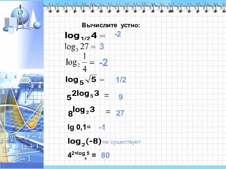 Вычислите устно: -2 = 1/2 9 27 lg 0,1= -1 не существует 42+log45