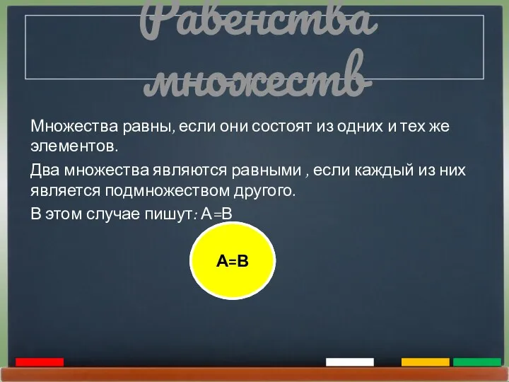 А В А=В Равенства множеств Множества равны, если они состоят