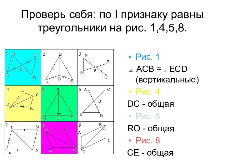 Проверь себя: по I признаку равны треугольники на рис. 1,4,5,8.