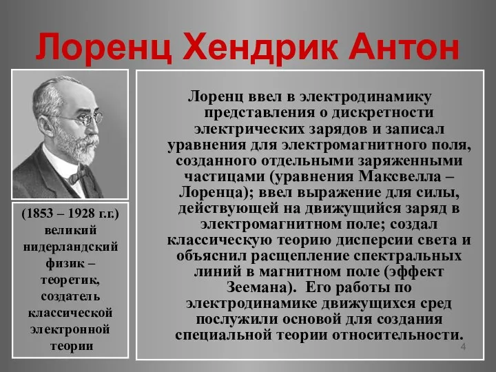 Лоренц Хендрик Антон Лоренц ввел в электродинамику представления о дискретности