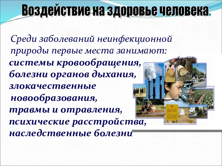 Среди заболеваний неинфекционной природы первые места занимают: системы кровообращения, болезни