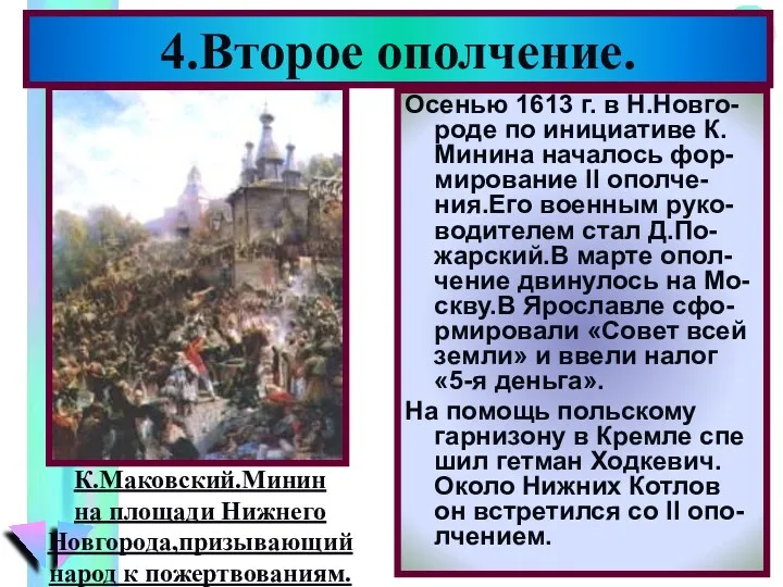 4.Второе ополчение. Осенью 1613 г. в Н.Новго-роде по инициативе К.