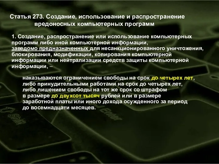 Статья 273. Создание, использование и распространение вредоносных компьютерных программ 1.