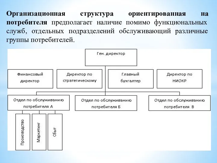 Организационная структура ориентированная на потребителя предполагает наличие помимо функциональных служб, отдельных подразделений обслуживающий различные группы потребителей.