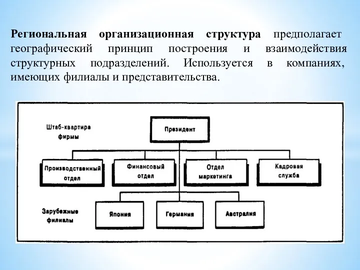 Региональная организационная структура предполагает географический принцип построения и взаимодействия структурных