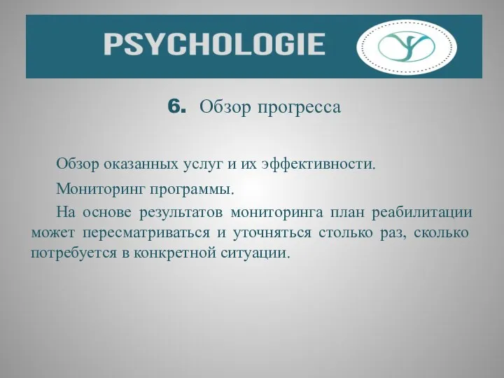 6. Обзор прогресса Обзор оказанных услуг и их эффективности. Мониторинг