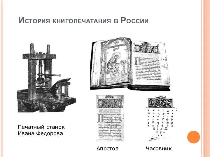История книгопечатания в России Печатный станок Ивана Федорова Апостол Часовник