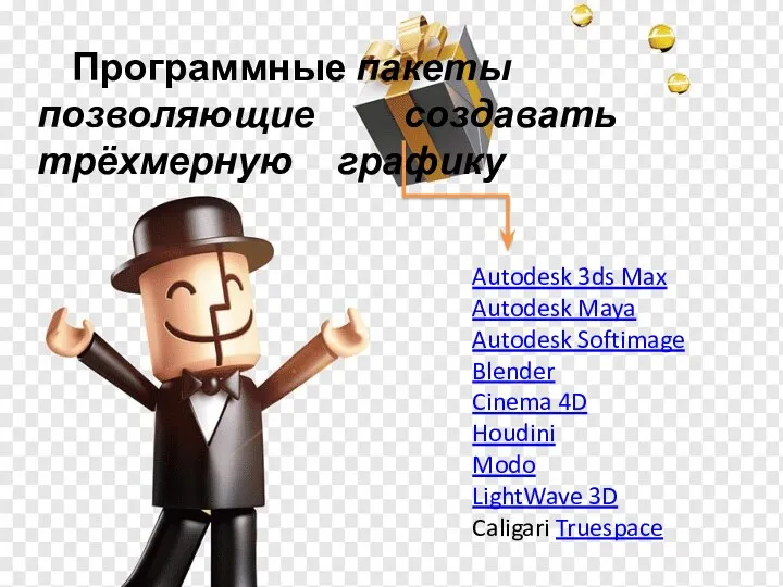Программные пакеты позволяющие создавать трёхмерную графику Autodesk 3ds Max Autodesk Maya Autodesk Softimage