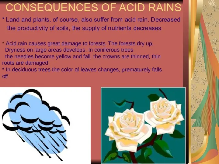 CONSEQUENCES OF ACID RAINS * Land and plants, of course,