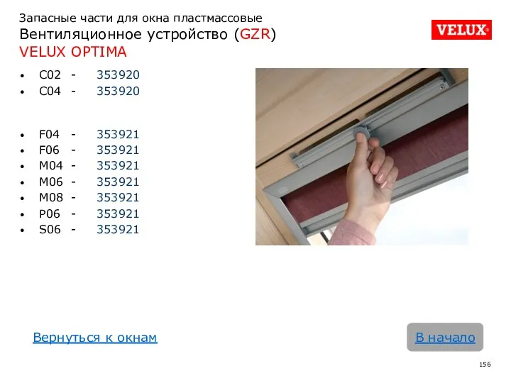 Запасные части для окна пластмассовые Вентиляционное устройство (GZR) VELUX OPTIMA