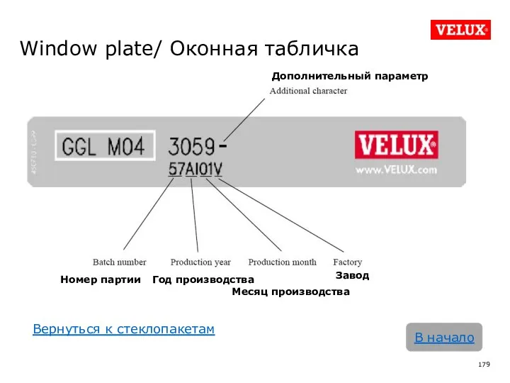 Window plate/ Оконная табличка Дополнительный параметр Номер партии Год производства