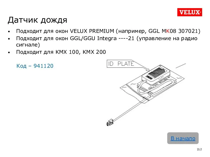 Датчик дождя Подходит для окон VELUX PREMIUM (например, GGL MK08