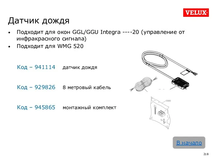 Датчик дождя Подходит для окон GGL/GGU Integra ----20 (управление от