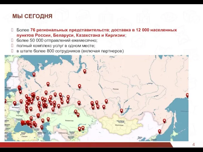 МЫ СЕГОДНЯ Более 76 региональных представительств; доставка в 12 000 населенных пунктов России,