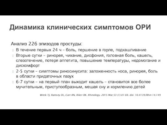 Динамика клинических симптомов ОРИ Анализ 226 эпизодов простуды: В течение