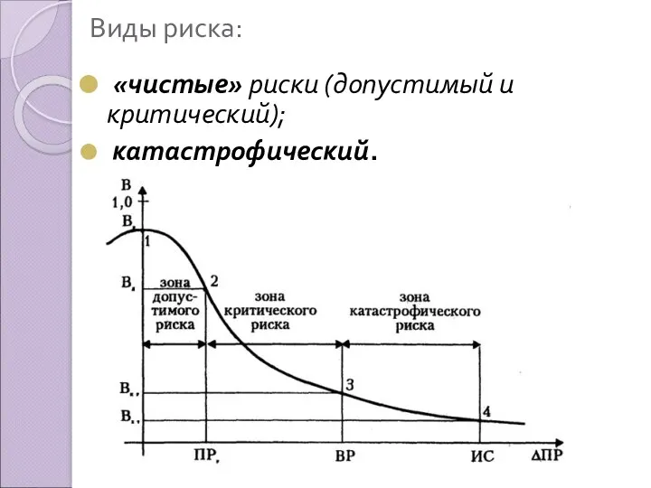 Виды риска: «чистые» риски (допустимый и критический); катастрофический.