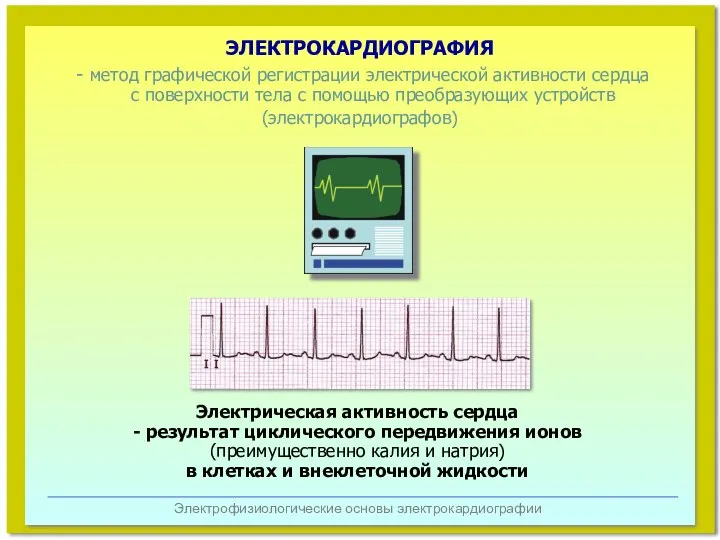 Электрофизиологические основы электрокардиографии ЭЛЕКТРОКАРДИОГРАФИЯ - метод графической регистрации электрической активности сердца с поверхности