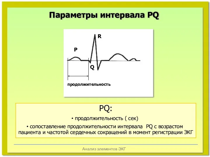 Анализ элементов ЭКГ Параметры интервала PQ Q P R продолжительность PQ: продолжительность (