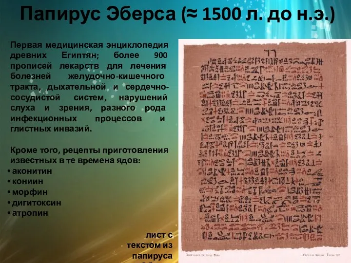 Папирус Эберса (≈ 1500 л. до н.э.) лист с текстом