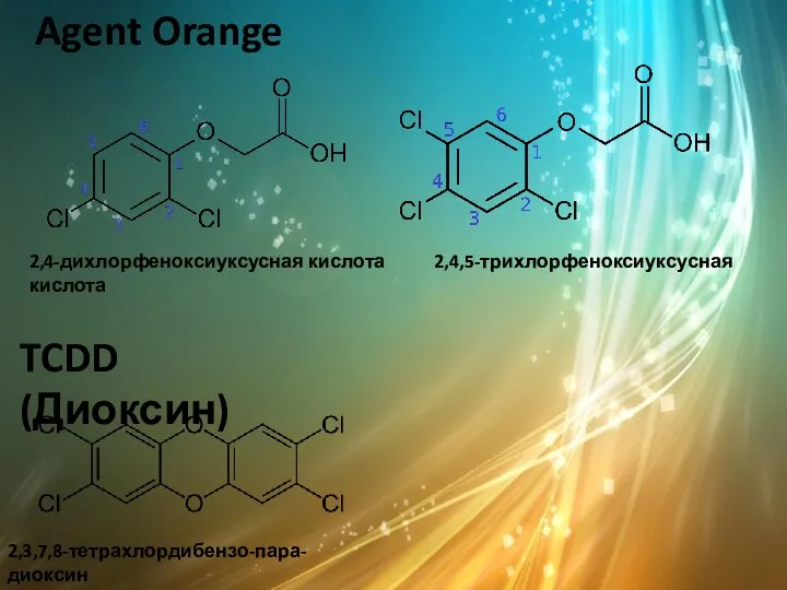 TCDD (Диоксин) 2,3,7,8-тетрахлордибензо-пара-диоксин Agent Orange 2,4-дихлорфеноксиуксусная кислота 2,4,5-трихлорфеноксиуксусная кислота
