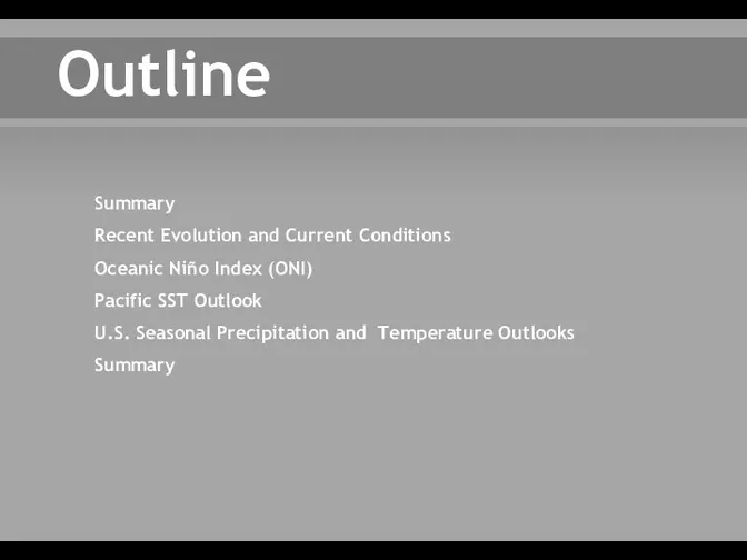 Outline Summary Recent Evolution and Current Conditions Oceanic Niño Index