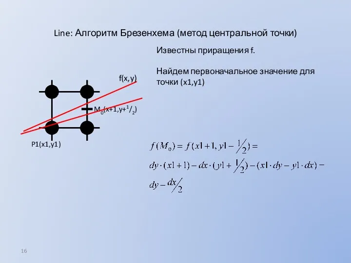 Line: Алгоритм Брезенхема (метод центральной точки) P1(x1,y1) M0(x+1,y+1/2) f(x,y) Известны