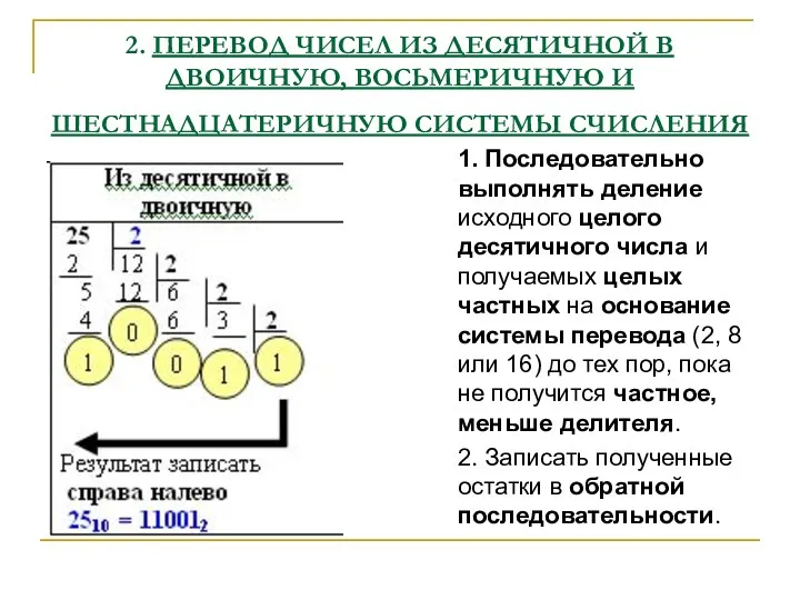 2. ПЕРЕВОД ЧИСЕЛ ИЗ ДЕСЯТИЧНОЙ В ДВОИЧНУЮ, ВОСЬМЕРИЧНУЮ И ШЕСТНАДЦАТЕРИЧНУЮ