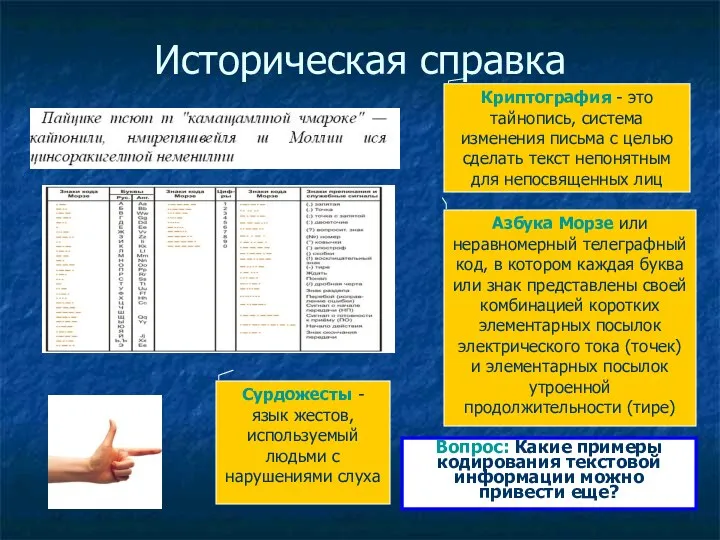 Историческая справка Криптография - это тайнопись, система изменения письма с целью сделать текст