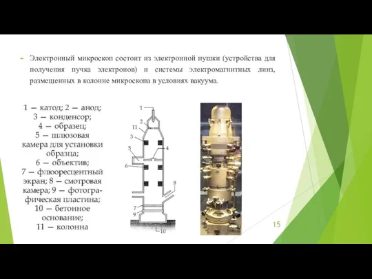 Электронный микроскоп состоит из электронной пушки (устройства для получения пучка электронов) и системы