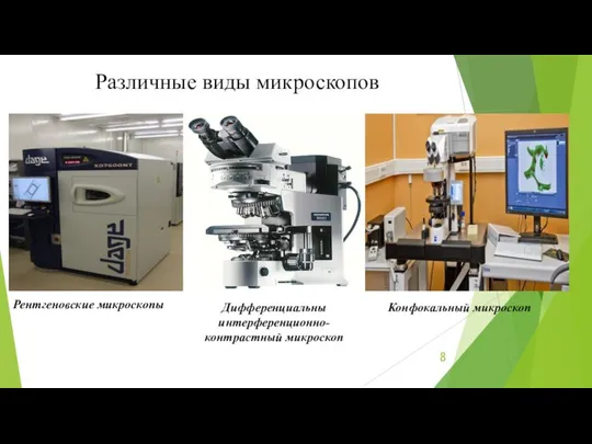 Различные виды микроскопов Дифференциальны интерференционно-контрастный микроскоп Конфокальный микроскоп Рентгеновские микроскопы
