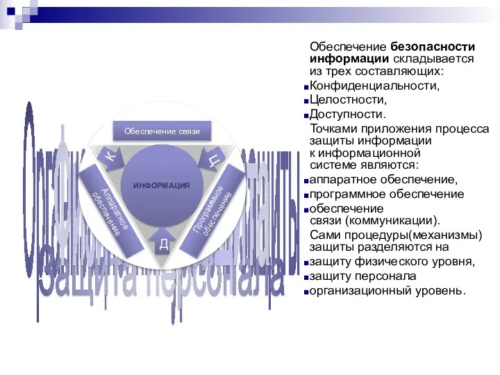 Организационный уровень защиты Защита персонала Физическая защита Обеспечение безопасности информации складывается из трех