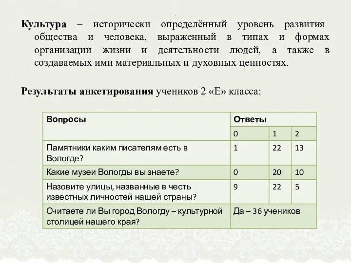 . Культура – исторически определённый уровень развития общества и человека,