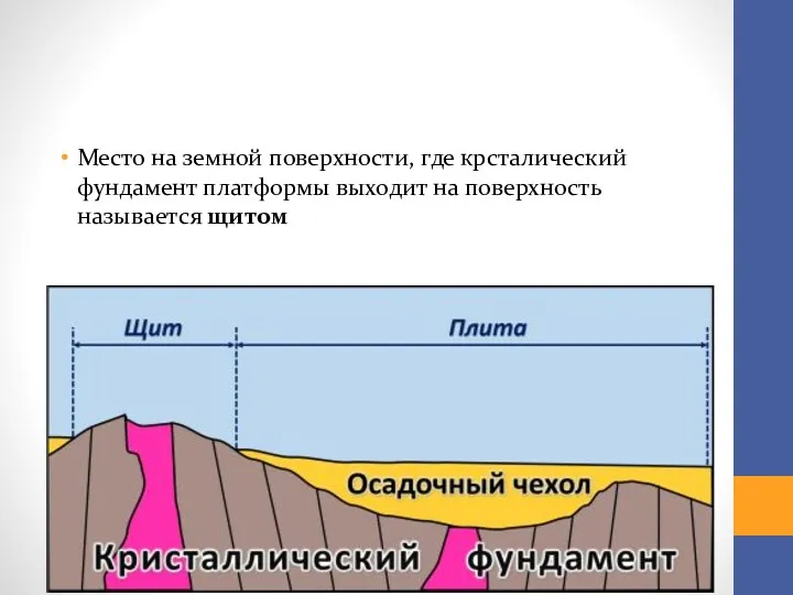 Место на земной поверхности, где крсталический фундамент платформы выходит на поверхность называется щитом