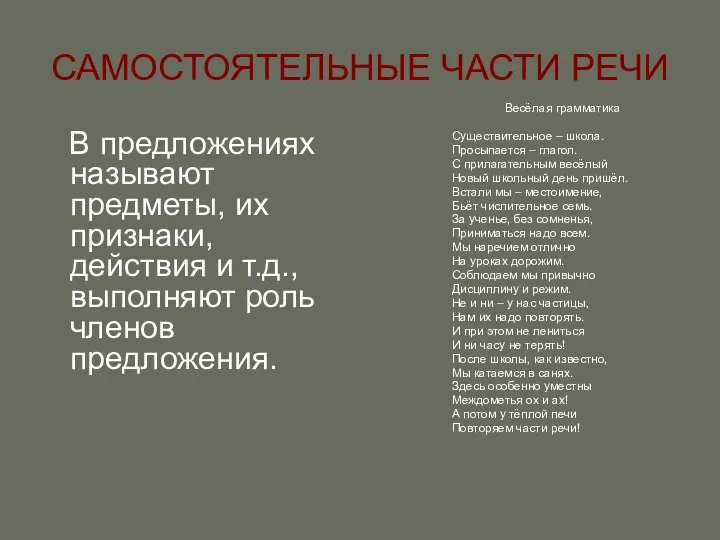 САМОСТОЯТЕЛЬНЫЕ ЧАСТИ РЕЧИ В предложениях называют предметы, их признаки, действия