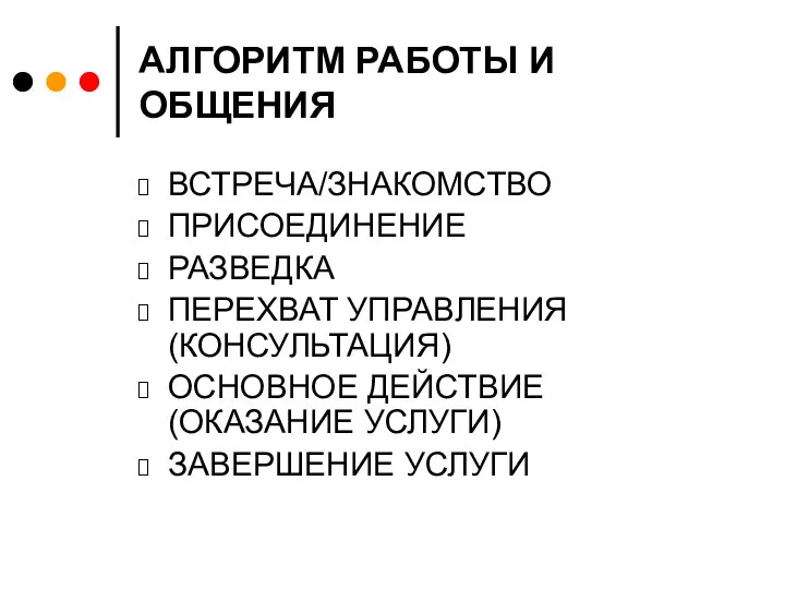 АЛГОРИТМ РАБОТЫ И ОБЩЕНИЯ ВСТРЕЧА/ЗНАКОМСТВО ПРИСОЕДИНЕНИЕ РАЗВЕДКА ПЕРЕХВАТ УПРАВЛЕНИЯ (КОНСУЛЬТАЦИЯ) ОСНОВНОЕ ДЕЙСТВИЕ (ОКАЗАНИЕ УСЛУГИ) ЗАВЕРШЕНИЕ УСЛУГИ