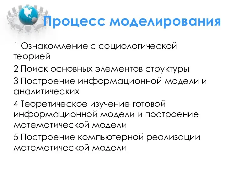 Процесс моделирования 1 Ознакомление с социологической теорией 2 Поиск основных