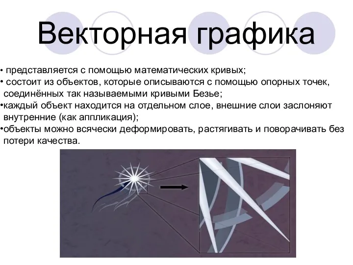 Векторная графика представляется с помощью математических кривых; состоит из объектов,