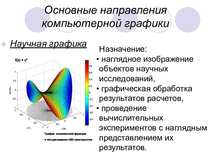 Основные направления компьютерной графики Научная графика Назначение: наглядное изображение объектов