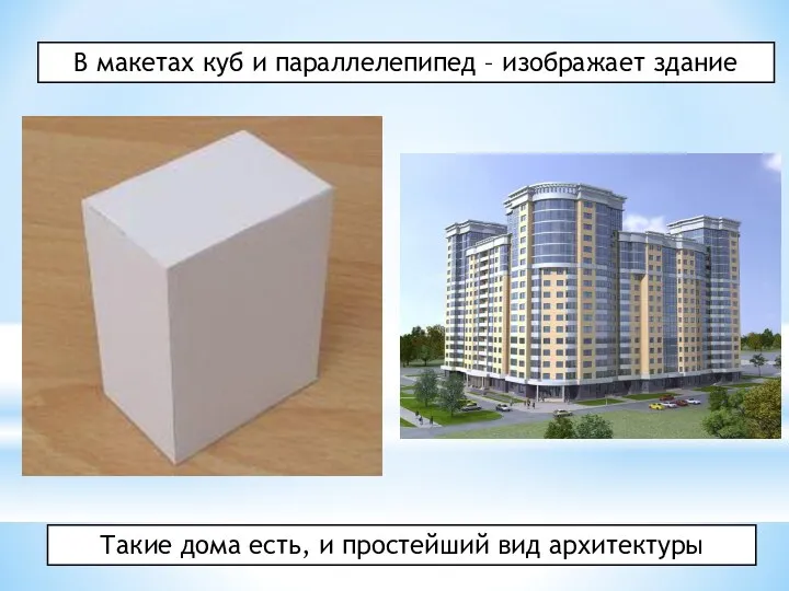 В макетах куб и параллелепипед – изображает здание Такие дома есть, и простейший вид архитектуры