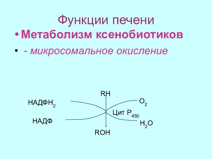 Функции печени Метаболизм ксенобиотиков - микросомальное окисление RH ROH НАДФН2 НАДФ О2 Н2О Цит Р450