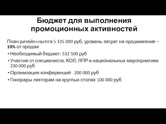 Бюджет для выполнения промоционных активностей План ритейл+льгота 5 325 000