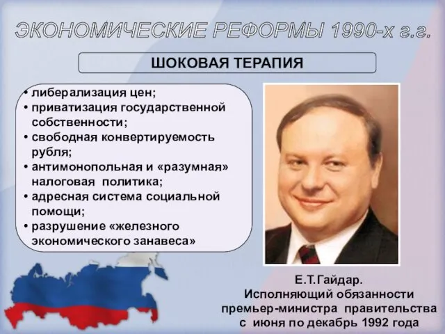 ЭКОНОМИЧЕСКИЕ РЕФОРМЫ 1990-х г.г. ШОКОВАЯ ТЕРАПИЯ либерализация цен; приватизация государственной